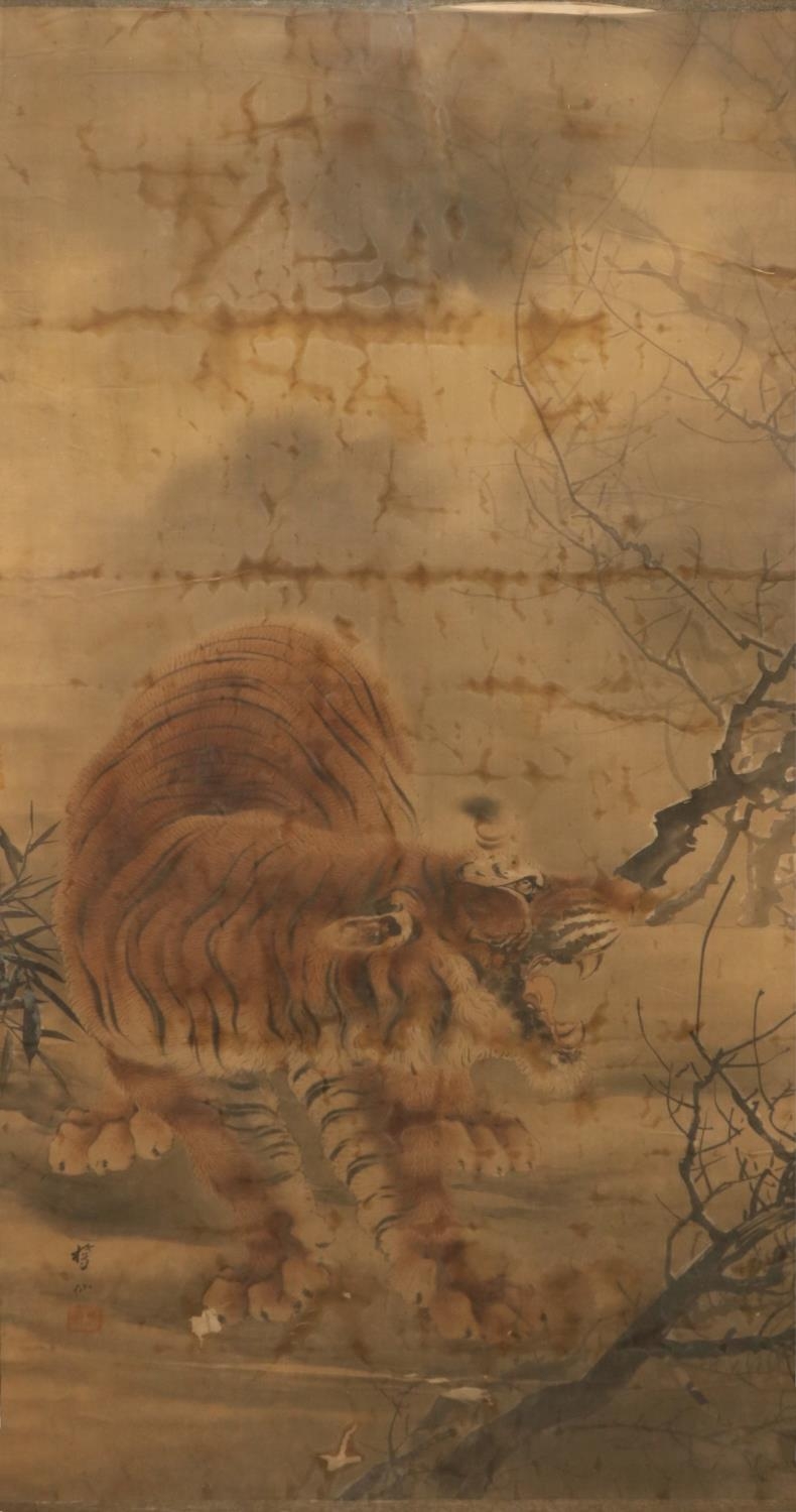A Japanese silk scroll Painting, 19th Century, depicting a Tiger, Signed,ÿ120cms x 49cms (47'' x