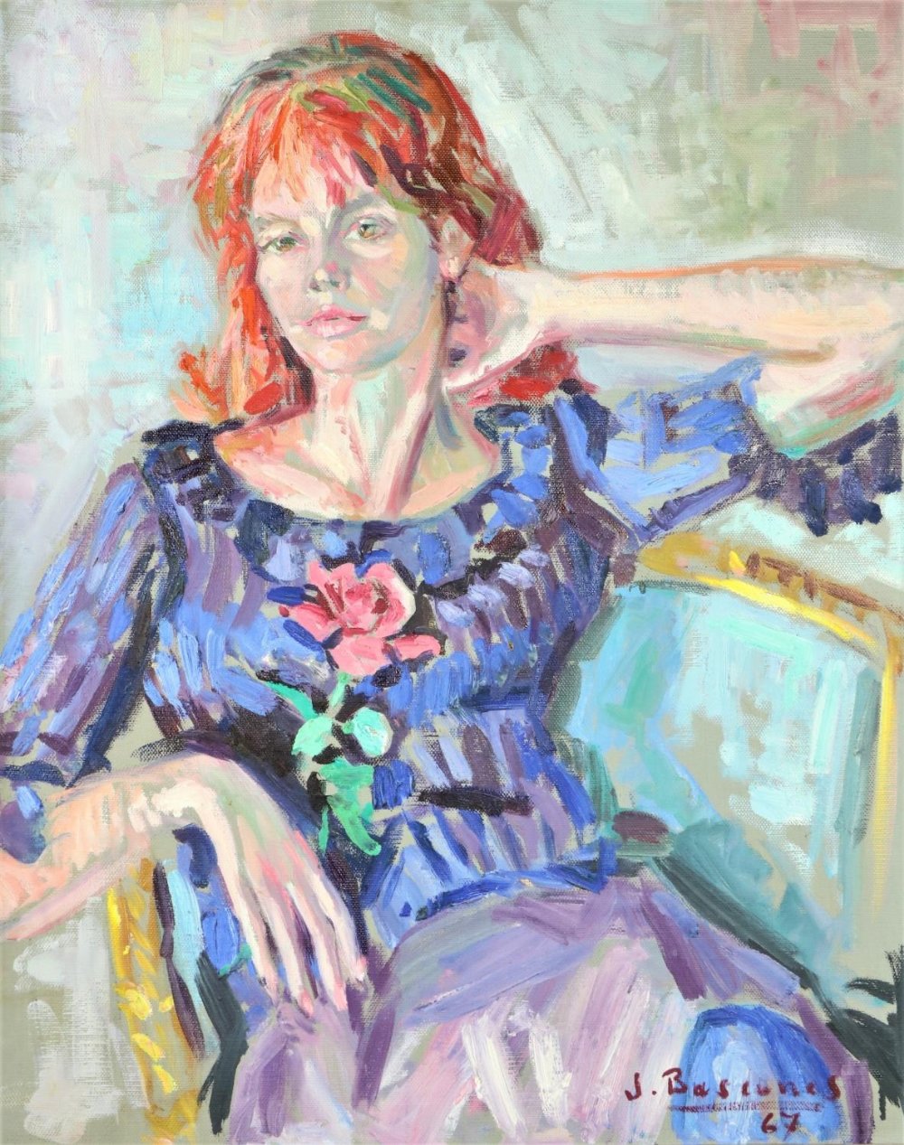 Jose Basconas Ayneto (1927-2014) 'Reclining elegant Lady with red hair' O.O.B., approx. 81cms x