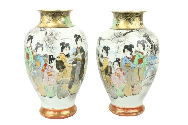 A pair of attractive Japanese Satsuma bulbous Vases, each depicting Geisha Girls in typical attire