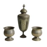 A good quality heavy tulip shaped Benares brass Vase and Cover, the lid with figure of an Indian