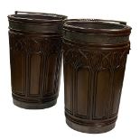 A pair of Georgian Gothic style mahogany oversized Peat Buckets, with twisted and hinged handles,