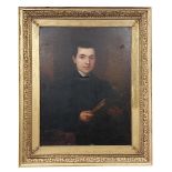 J.B. Brennan, A.R.H.A. (1825-1889) 'Portrait of a Young Cleric, holding a book seated by a table,'