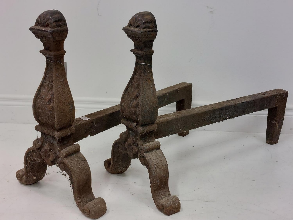 A pair of very heavy cast iron Andirons, each with scroll cast front on cast arched scroll legs with - Image 2 of 3