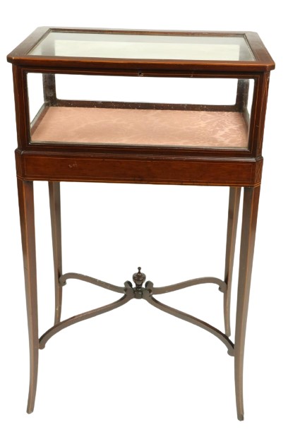 An attractive Edwardian inlaid rosewood Curio Display Case, of rectangular form, the hinged and