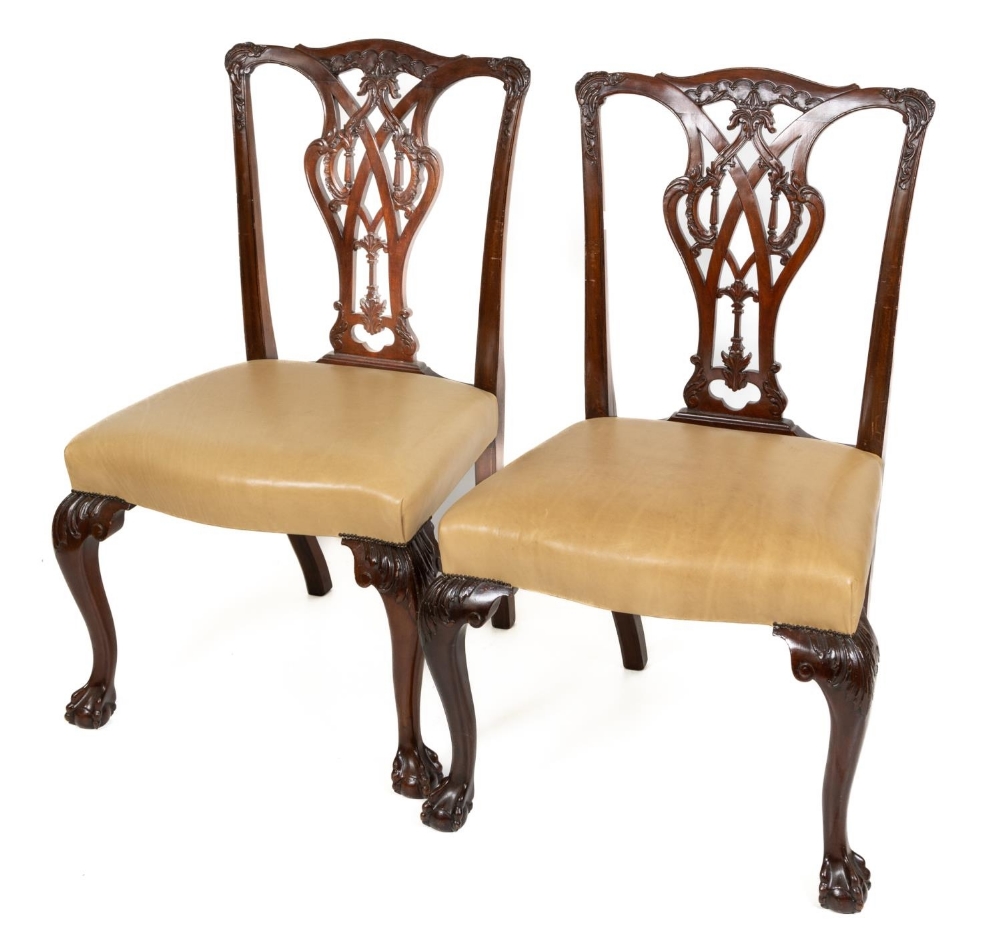 A very fine matched set of 10 (6 + 4) Chippendale style mahogany Dining Chairs, each with a