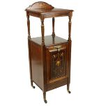 A fine Edwardian walnut and marquetry Purdonium Whatnot, of square form with upper shelf and drop