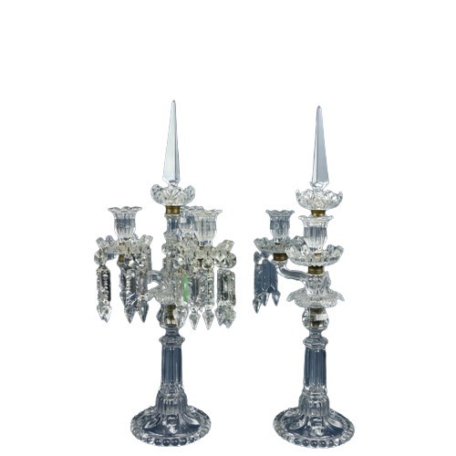 A pair of 19th Century glass Table Candelabra, one with three arms and lustre drops and obelisk