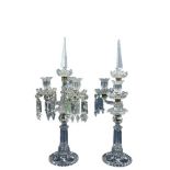 A pair of 19th Century glass Table Candelabra, one with three arms and lustre drops and obelisk
