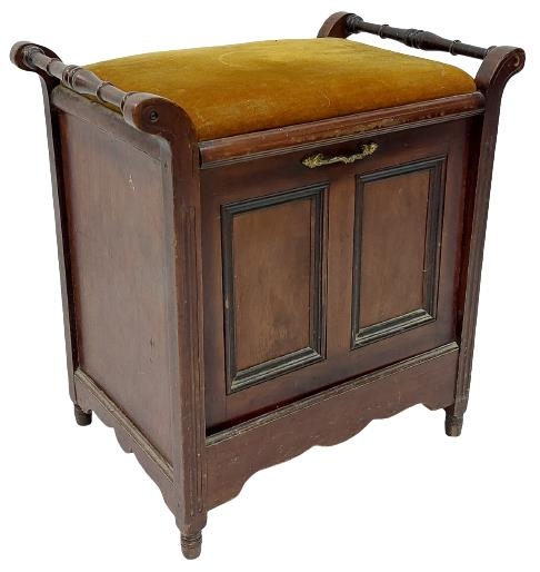 An Edwardian walnut Piano Stool and Music Cupboard, with padded seat and scroll sides, 55cms (21 1/