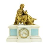 A heavy Victorian white marble Mantle Clock, of breakfront outline and with large gilt metal
