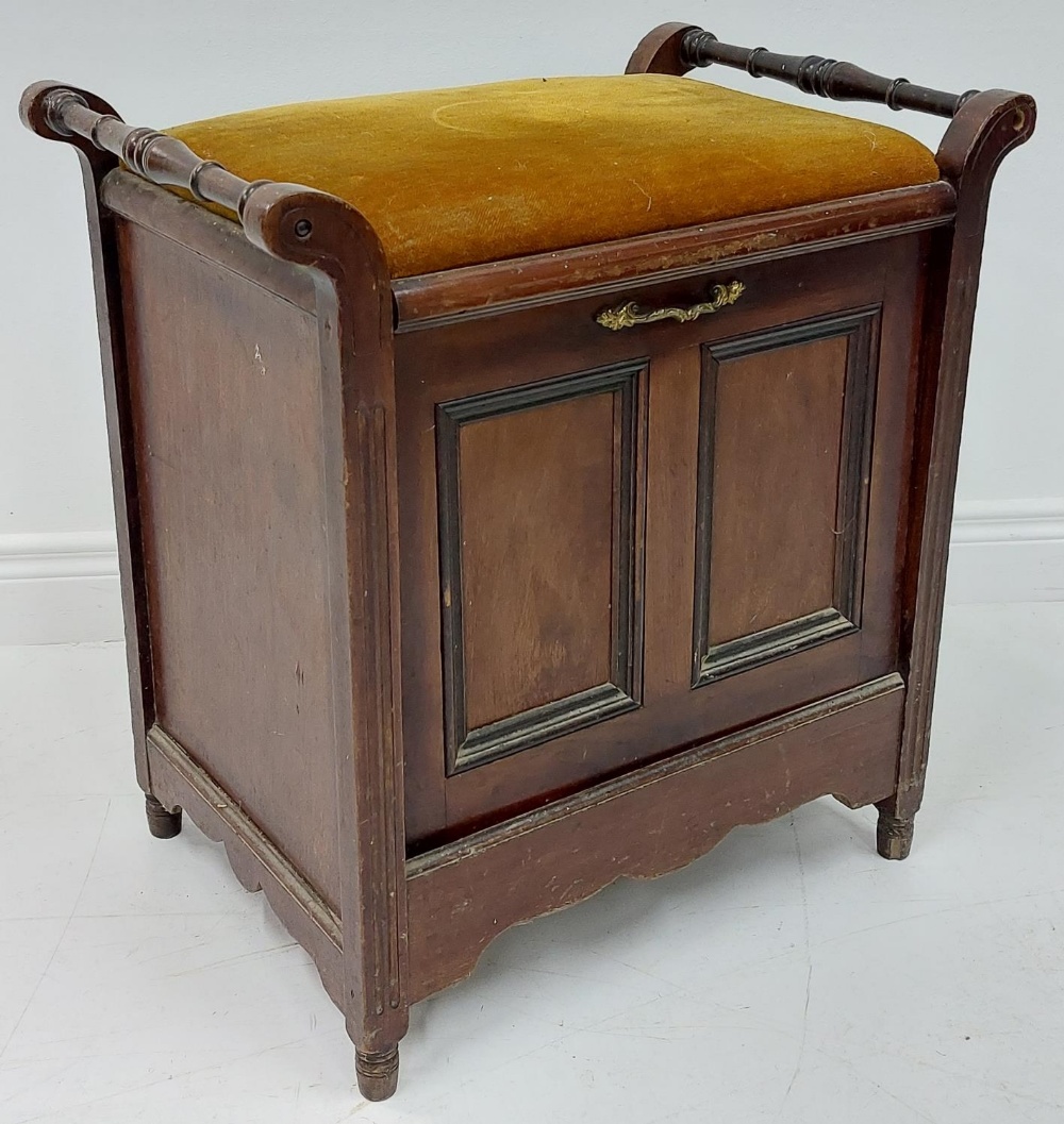 An Edwardian walnut Piano Stool and Music Cupboard, with padded seat and scroll sides, 55cms (21 1/ - Image 2 of 3