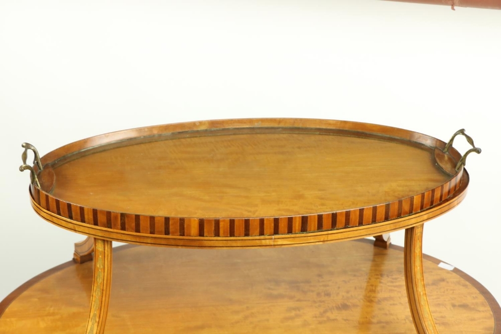 A two tier Edwardian satinwood inlaid and crossbanded Supper Table, with oval shelves, the top - Image 3 of 4