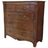 A George IV inlaid and bow fronted mahogany Chest, of three long and two short drawers with 1/4