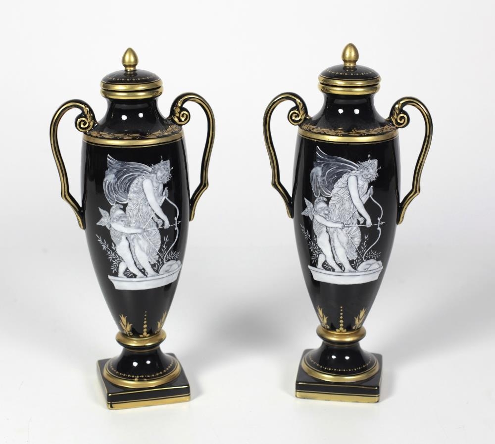 An attractive pair of 19th Century tall two handled French porcelain Vases, with lids, each with - Image 2 of 16