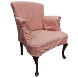 A Queen Anne style walnut Armchair, with padded back, seat and arm rests covered in a pink loose
