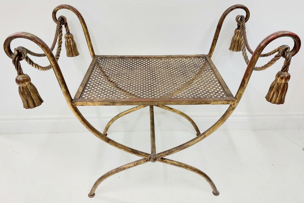 An unusual gilt wrought iron X framed Stool, with ropes and tassels and scrolls ends, 28 1/2'' ( - Image 2 of 2