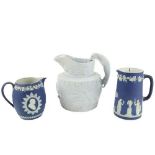 A good quality Jasperware Wedgwood blue and white Jug, of bulbous form decorated with medallion