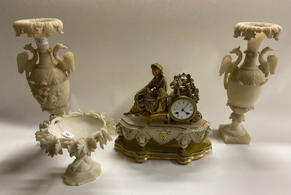 A Victorian ormolu mounted figural Mantle Clock, on alabaster body, and on gilt wooden stand, a pair