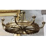 A large matching pair of heavy brass 8 lamp wheel shaped Ceiling Lights, with scroll decoration,