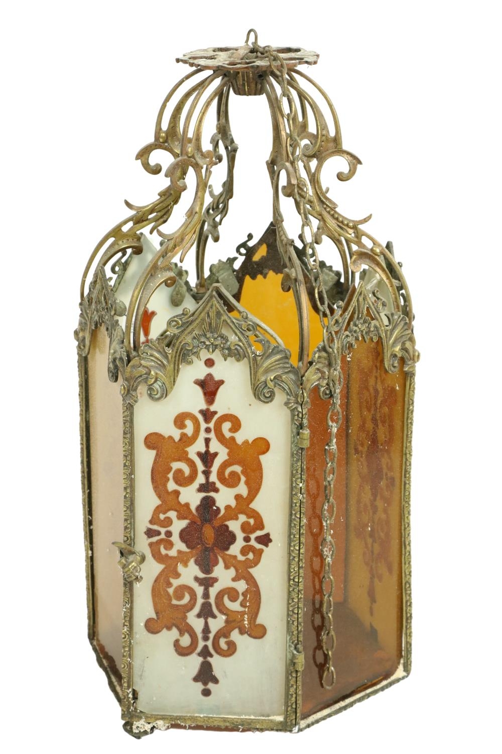 A good Neo-Gothic style brass hexagonal shaped Hall Lantern, with six coloured glass panels, each in