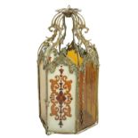 A good Neo-Gothic style brass hexagonal shaped Hall Lantern, with six coloured glass panels, each in