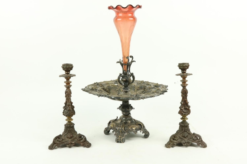 A heavy silver plated Table Centre, with cherubs and fruit in relief inset, with a cranberry glass - Image 2 of 4