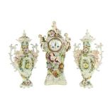 A good quality late 19th Century Continental porcelain Dresden style Clock Set, the large