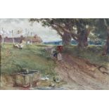 G. Ellisÿ 'Windy Day, N. Wales,' watercolour, attractive landscape with lady carrying day's