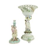 A Sitzendorf porcelain Candlestick, modelled with Woman and Infant, 12 1/2'' (32cms), on square