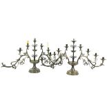 A pair of heavy 9 light silver plated Altar Candelabra, (one as is) 20'' x 36'' (51cms x 92cms). (2)