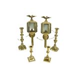 A good pair of brass Wall Lights, in the form of carriage lamps, each of octagonal form with eagle