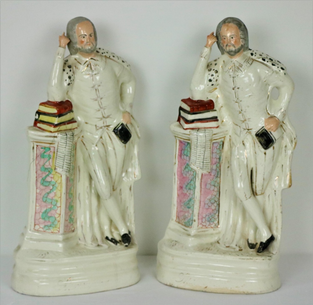 A good tall pair of large Staffordshire Figures of Shakespeare, standing by a pilaster with elbow - Image 2 of 19