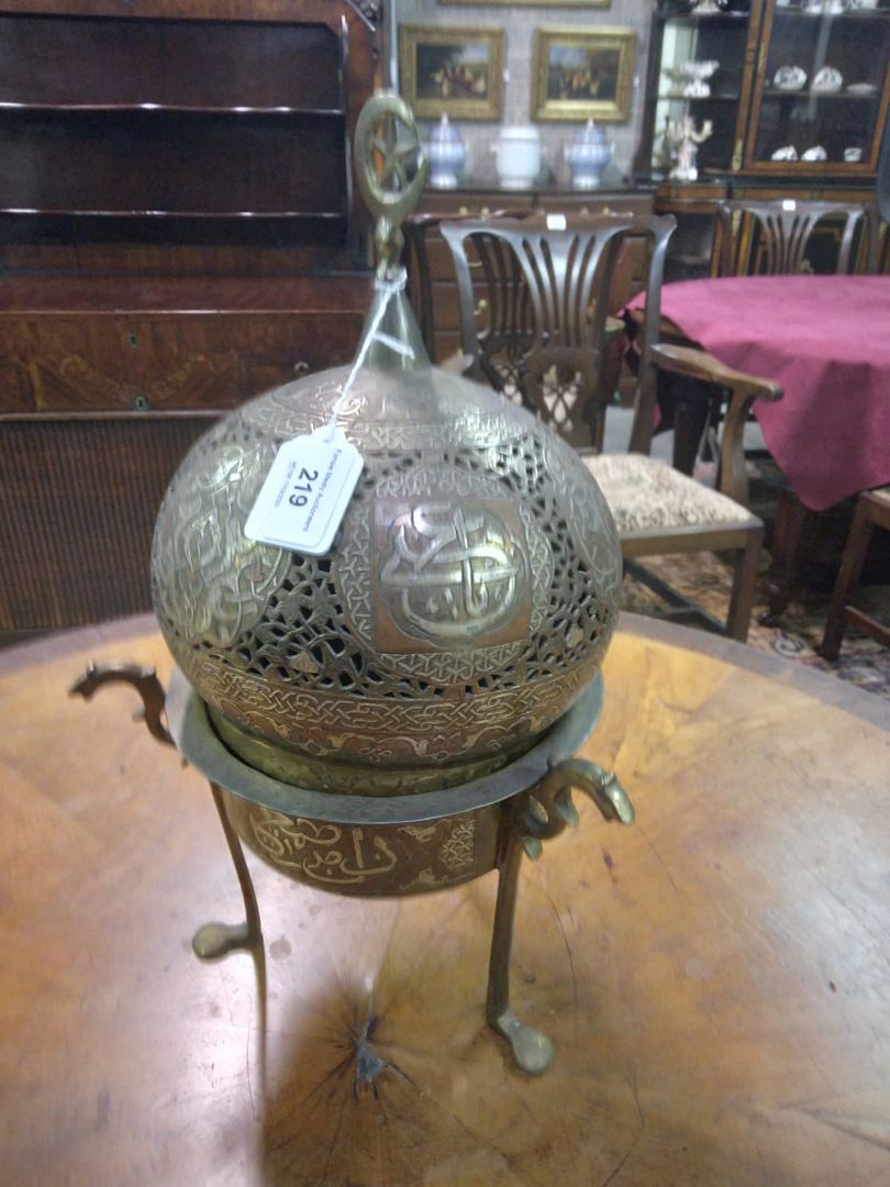 A late 19th Century Islamic brass, copper and silver Incense Burner, with pierced dome cover with - Image 8 of 9