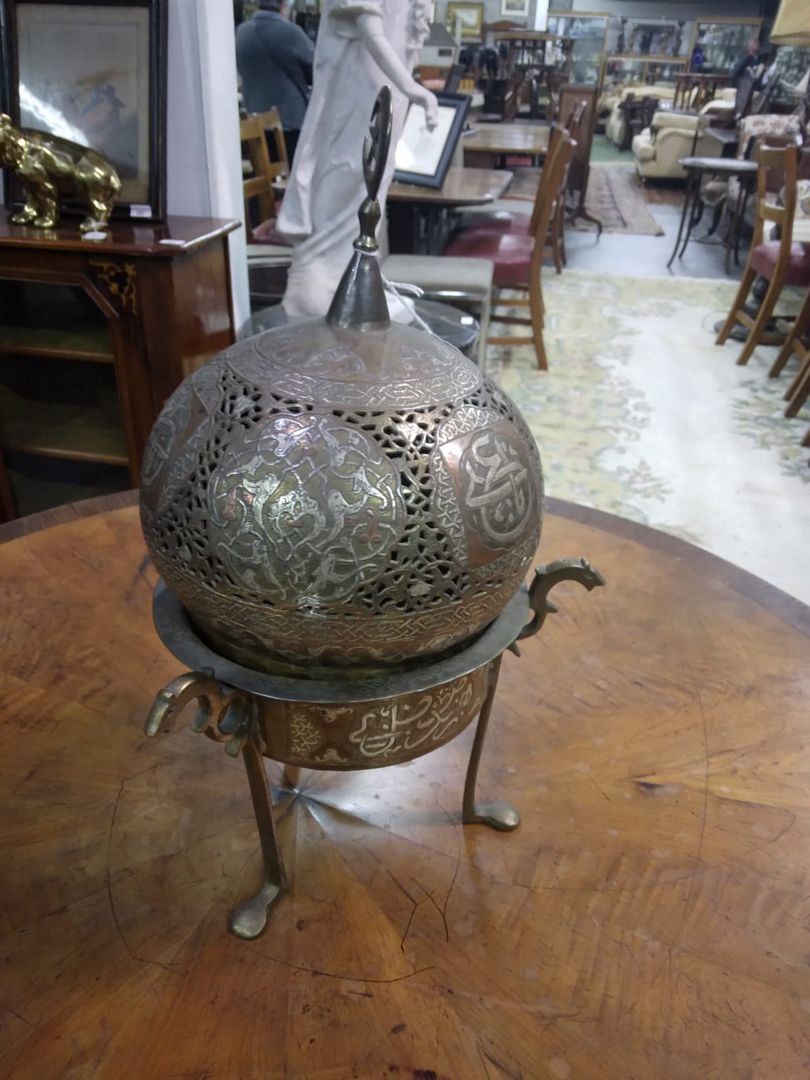 A late 19th Century Islamic brass, copper and silver Incense Burner, with pierced dome cover with - Image 6 of 9