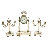 An attractive speckled marble Clock Garniture, the Clock with circular floral decorated enamel