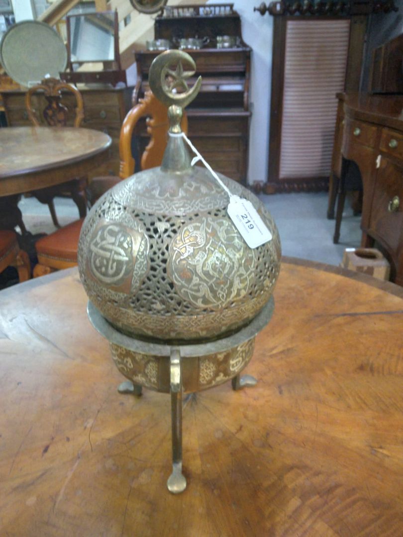 A late 19th Century Islamic brass, copper and silver Incense Burner, with pierced dome cover with - Image 5 of 9