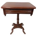 A small William IV mahogany Ladies Work Table, with frieze drawer on turned stem and quadruple