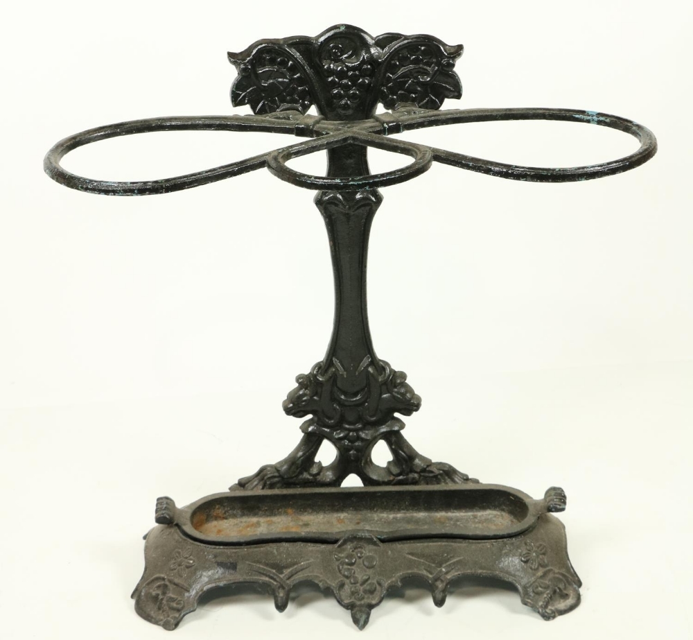 A Victorian cast iron Stick and Umbrella Stand, decorated with grapes and vine leaves on shaped - Image 2 of 3