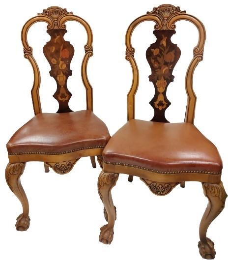 A set of six matching Dining Chairs, in the Neo Classical style, with inlaid splat back, shaped hide