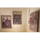 A set of 5 Reproduction Prints, on canvas, depicting French Restaurants, and two other similar,