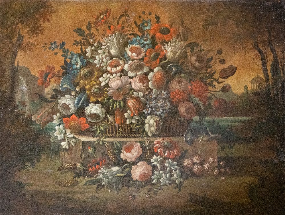 Late 18th Century Flemish Schoolÿ Still Life, a large 'Colourful Basket of Flowers, with landscape