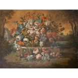 Late 18th Century Flemish Schoolÿ Still Life, a large 'Colourful Basket of Flowers, with landscape