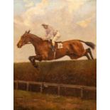 Frank Griggs (XIX-XX) "Garald L. Chestnut Racehorse with Jockey Up over a Fence," O.O.C.,Signed