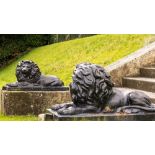 A large pair of heavy bronzed cast iron Figures, of recumbent lions one facing left with open mouth,