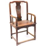 An early Yoke top Chinese hardwood Open Armchair, with vase shaped splat and solid seat, (with