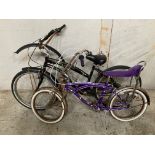 A Boys chopper type black framed Sunlova Bike, and a girls purple and star frame Bike with high