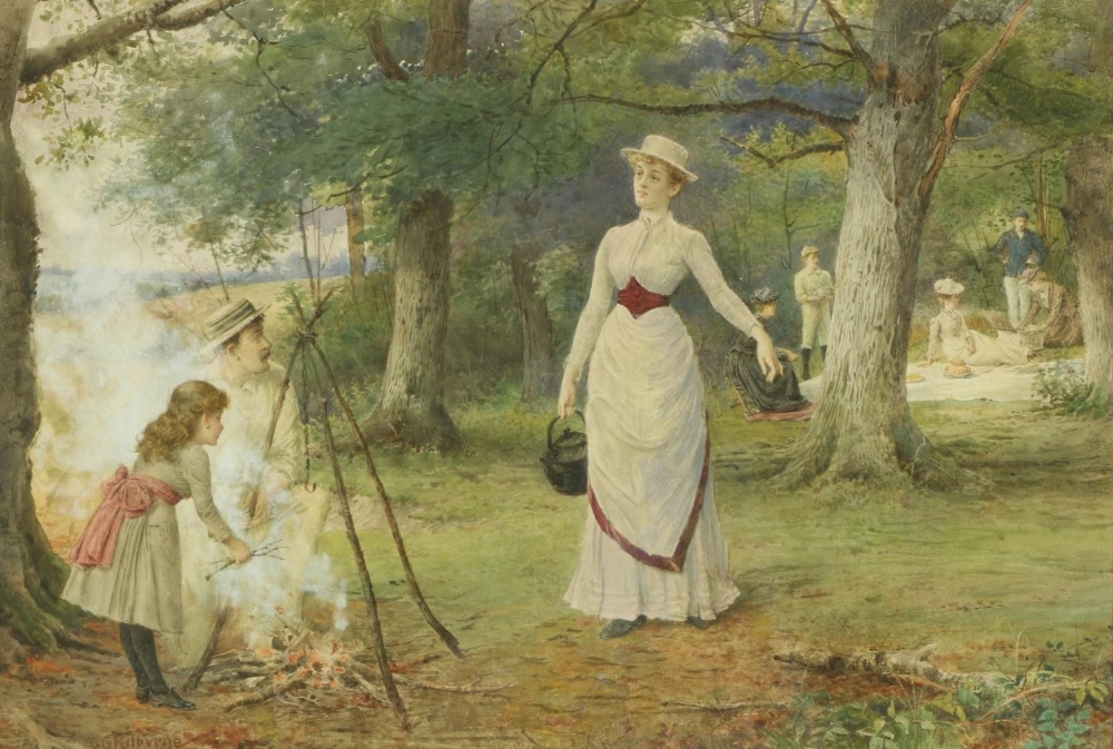 George Goodwin Kilburne, R.I., R.O.I., R.M.S. (1839-1924) "The Family Picnic," watercolour, charming