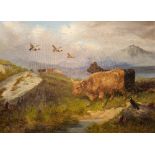 Colin Graeme (1850-1910) "Highland Cattle near a Lake, with wild duck in flight," O.O.C., 54cms x