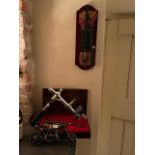 A collection of various Wine Memorabilia, including wall mounted cork screw, a cased cork screw, a