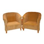 A pair of good beige covered Tub Armchairs, on front square tapering legs. (2) N.B. Matching